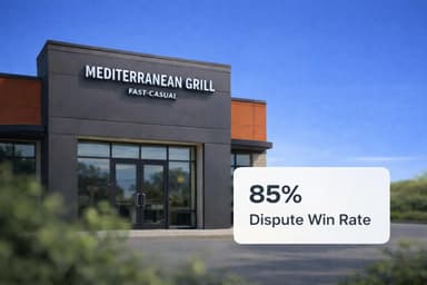 Dashboard showing restaurant dispute management software with dispute volume, win rate, and recovered revenue by location